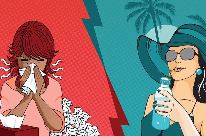 Vaccination Campaign graphic with girl on left with sunglasses and girl on right is blowing her nose